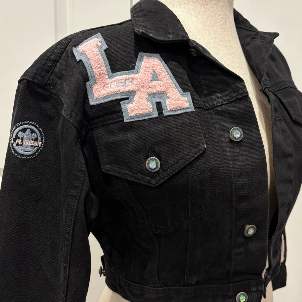 Vintage 80s/90s LA Gear Black Cropped Denim Jacket - Varsity Style - Size Small - Picture 3 of 10